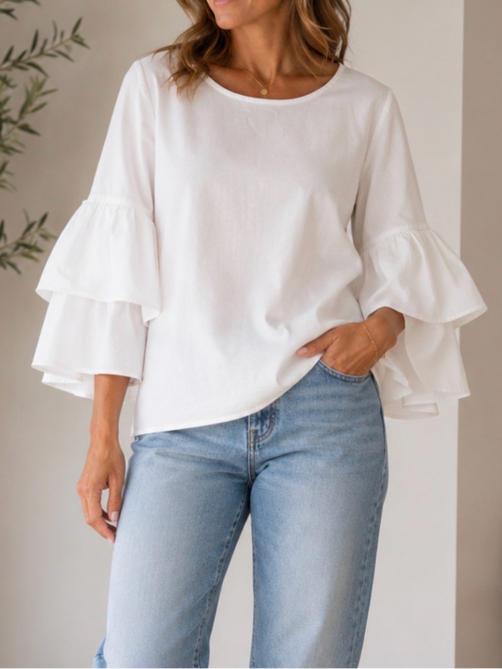 J. Crew White Cotton Ruffle Sleeve Blouse